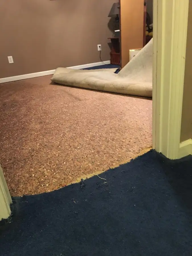 Carpet pad removal revealing water damage during Drying & Dehumidification in Penitas